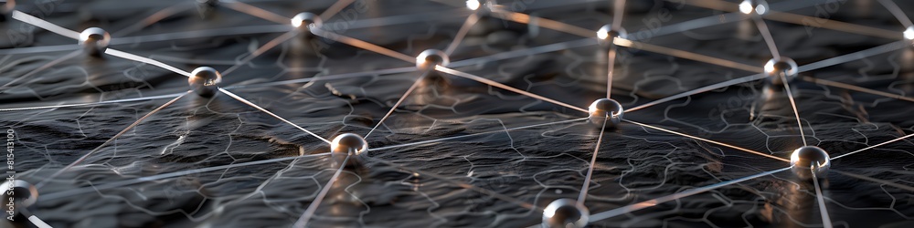 An expansive digital network of nodes in bright silver connected by glowing graphite lines on a dark slate background