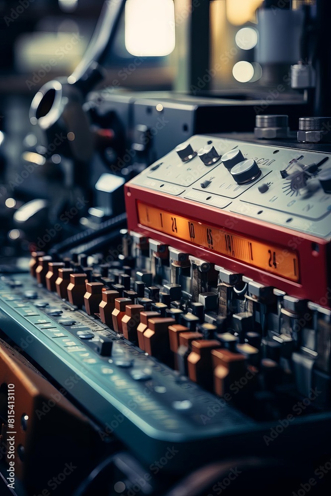 The image shows a control panel with a lot of buttons and switches. It ...
