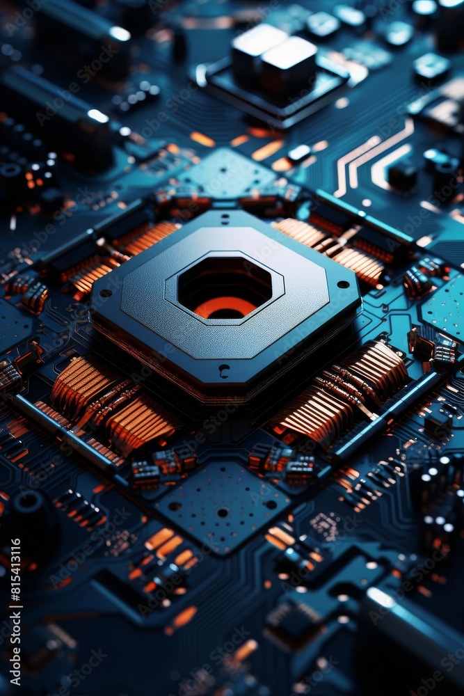 Fototapeta premium The image shows a close-up of a computer chip. The chip is surrounded by a complex network of electrical circuits. The image is in blue and orange colors.