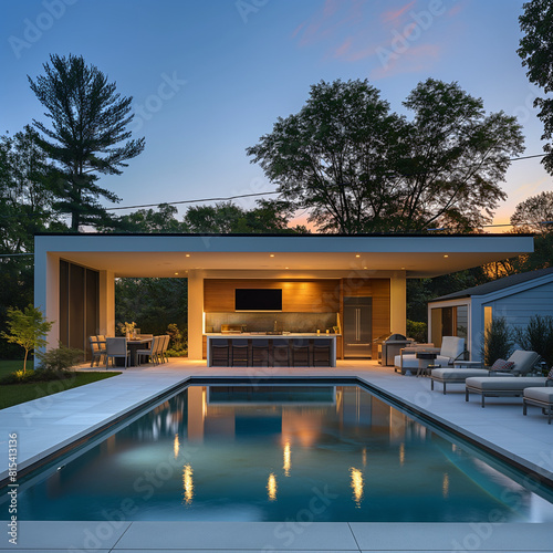 As twilight descends upon a modern backyard oasis