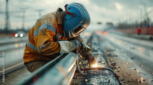 A welder installing and securing metal barricades along a highway. photo