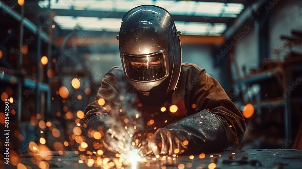 A welder in protective gear focusing intensely on a delicate repair job. A welder in protective gear focusing intensely on a delicate repair job.
