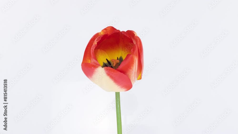 Timelapse of red yellow tulip flower blooming on white background, close-up. Wedding backdrop, Valentine's Day concept. Bouquet on black backdrop, closeup Timelapse of red yellow tulip flower blooming on white background, close-up. Wedding backdrop, Valentine's Day concept. Bouquet on black backdrop, closeup