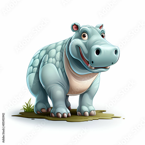  illustration of Cartoon hippo standing on grass isolated on white background