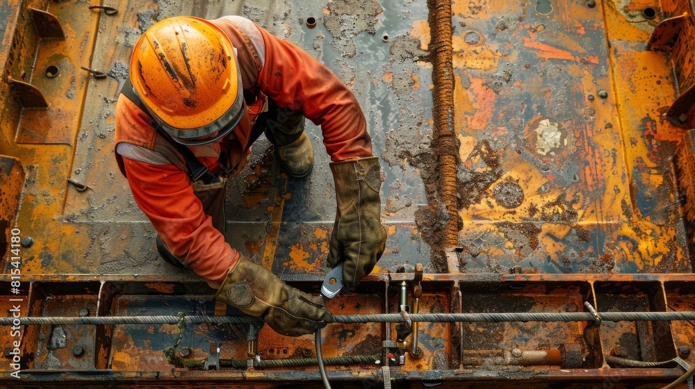 A welder helping construct the framework for an offshore oil platform. A welder helping construct the framework for an offshore oil platform.