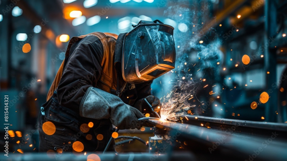 A welder fixing structural supports in a historical building restoration project. A welder fixing structural supports in a historical building restoration project.