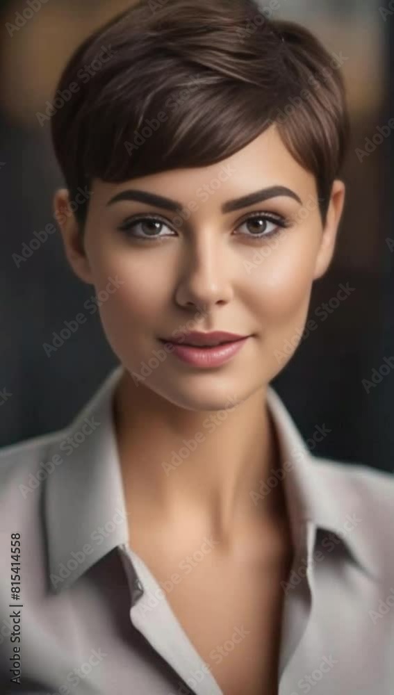 front portrait of a young business woman with a pixie cut in a classi front portrait of a young business woman with a pixie cut in a classi