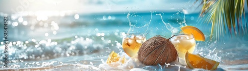 Coconut with glasses and splashing cocktails in the sea  beach banner with copy space  sunlight reflections  blue sky  and bokeh effect for a summer vacation feel