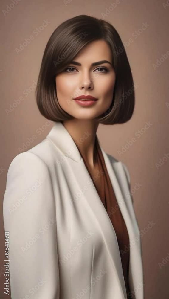 front portrait of a young business woman with a bob haircut in a chic