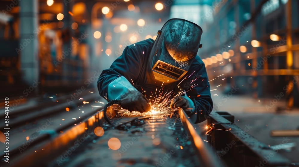 A welder doing precision work on the metal frames of a modern art museum. A welder doing precision work on the metal frames of a modern art museum.