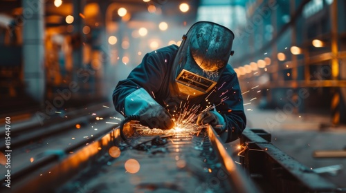A welder doing precision work on the metal frames of a modern art museum. photo