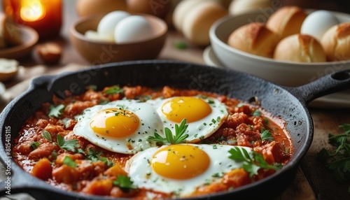 Mouthwatering Shakshuka with Poached Eggs in Spicy Tomato Sauce