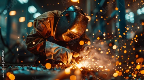 A welder completing the final welds on a steel sculpture in a public art project. photo