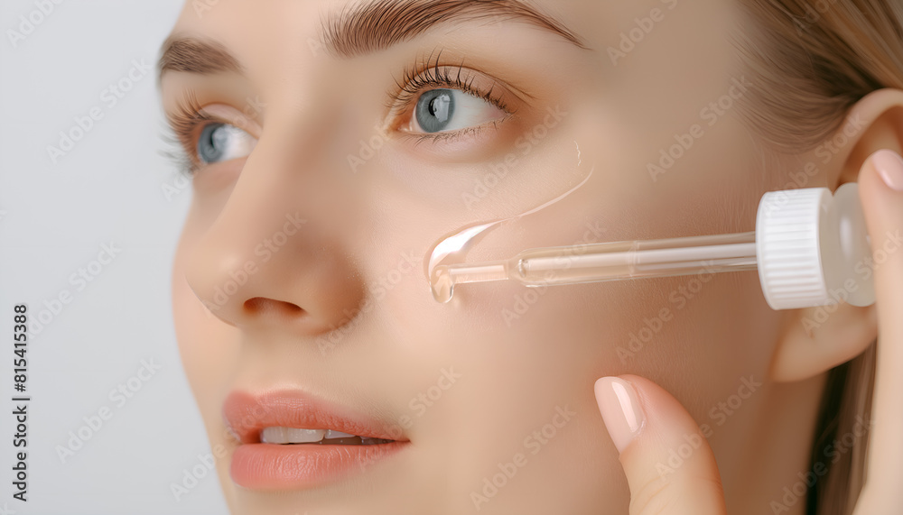 young woman puts skin care serum on her cheek