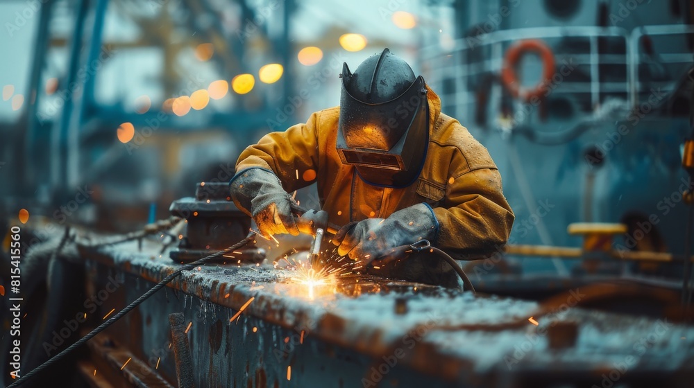 A welder at a maritime port welding parts of a new loading dock. A welder at a maritime port welding parts of a new loading dock.
