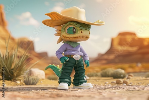 Cowboy dragon, lavender jumper, dark green jeans, desert backdrop, clay, matte, 3D blender render, hyper detailed. photo