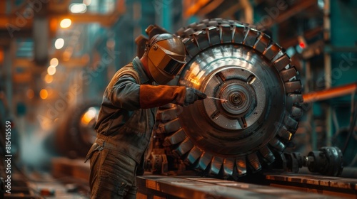 A welder at an industrial plant working on the assembly of large machinery.