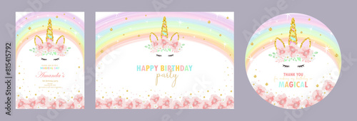 Set of invitation cards for the girl's first birthday party with Unicorn. Template for baby shower invitation. one year. Thank you card