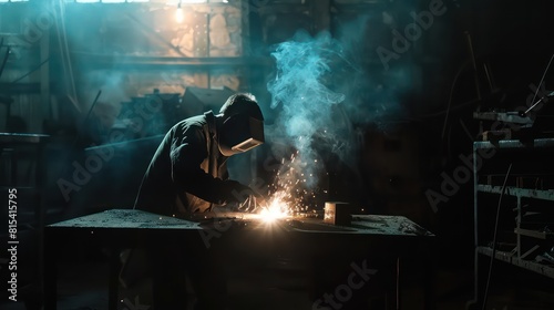 Shot of welder in a dark workshop with light from welding arc