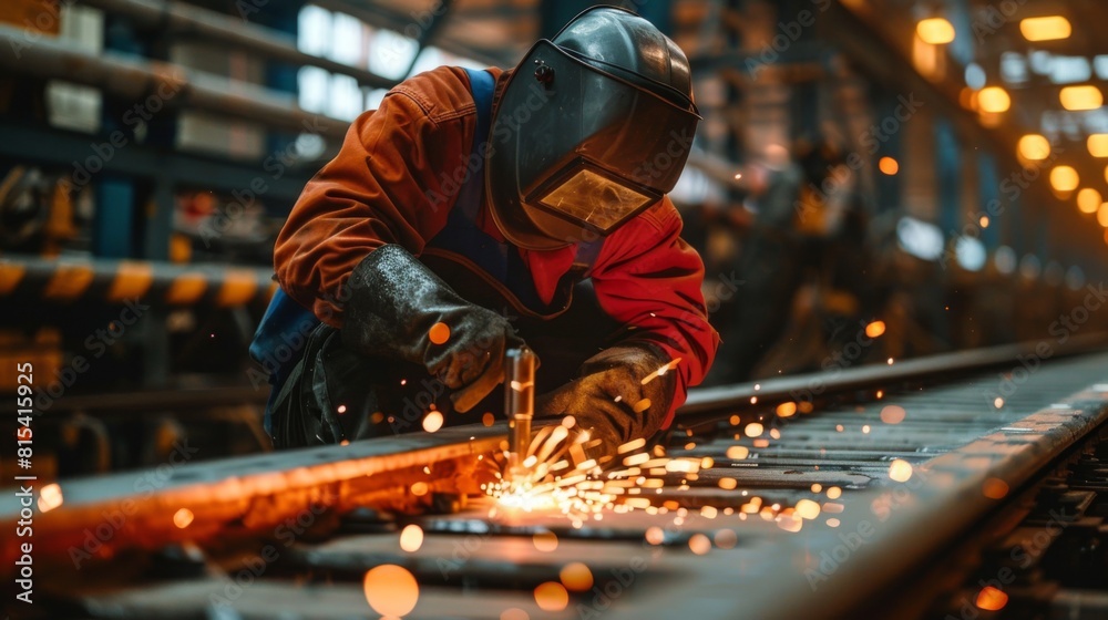 A welder assembling prefabricated sections of a pedestrian overcrossing. A welder assembling prefabricated sections of a pedestrian overcrossing.