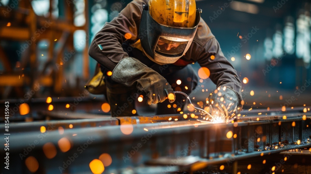 A welder assembling prefabricated housing units in a rapid construction project. A welder assembling prefabricated housing units in a rapid construction project.