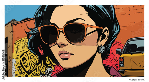Stylish Woman in Sunglasses with Urban Graffiti Background Illustration.
