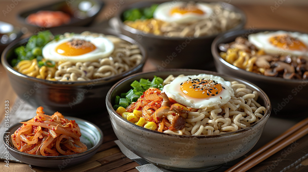 A zoomed-in image of a bowl containing noodles and an egg atop it, accompanied by chopsticks A zoomed-in image of a bowl containing noodles and an egg atop it, accompanied by chopsticks