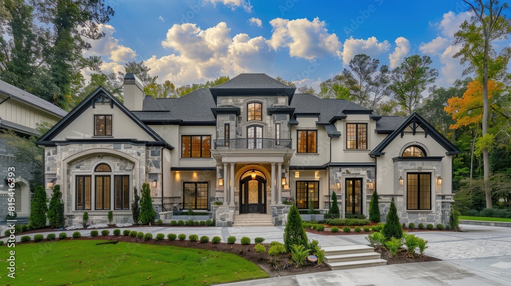 Beautiful exterior of newly built luxury home, Yard with green grass and walkway lead to ornately designed covered porch and front entrance,House and Home Real Estate Exteriors
