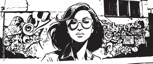 Black and White Silhouette Illustration of Woman Wearing Glasses with Graffiti Wall Effect