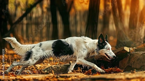  A monochrome pooch sprinting amidst tree trunks and strewn foliage on the ground
