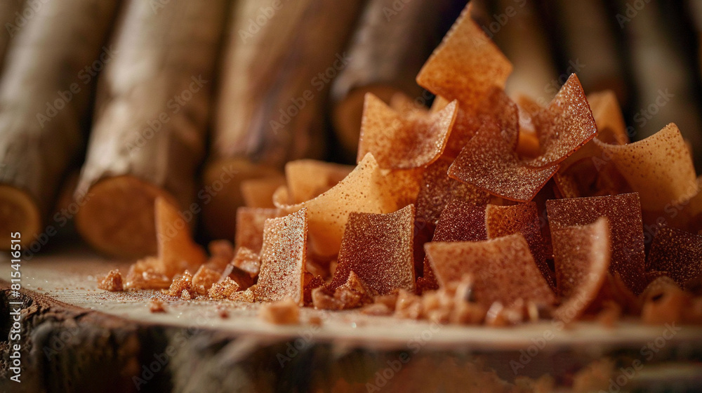   A board with chopped food atop and nearby sticks of wood