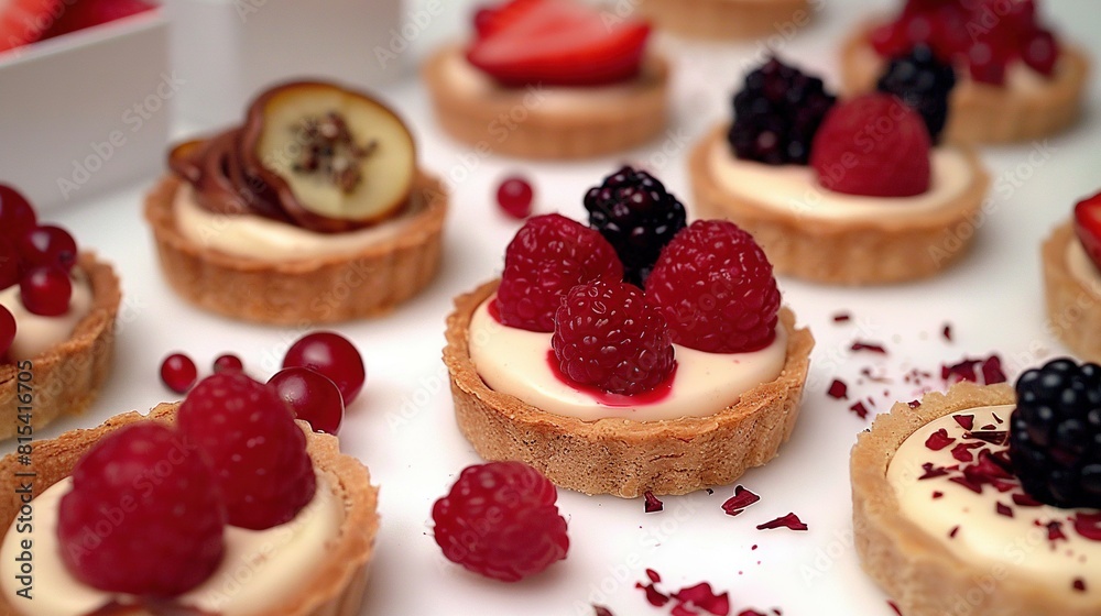 A close-up of small desserts featuring berries and kiwis placed atop a white surface is the optimized text A close-up of small desserts featuring berries and kiwis placed atop a white surface is the optimized text