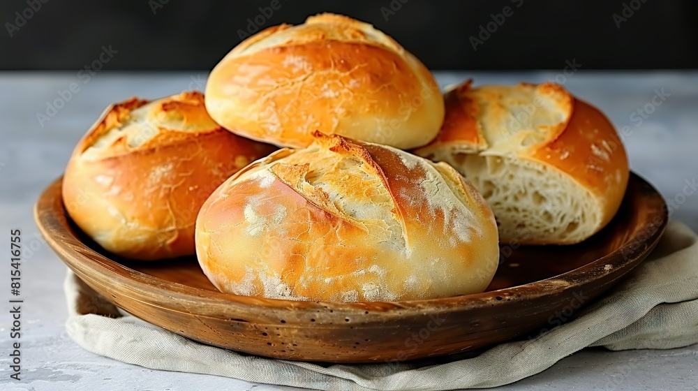 Wooden bowls on white cloths with bread rolls stacked inside Wooden bowls on white cloths with bread rolls stacked inside