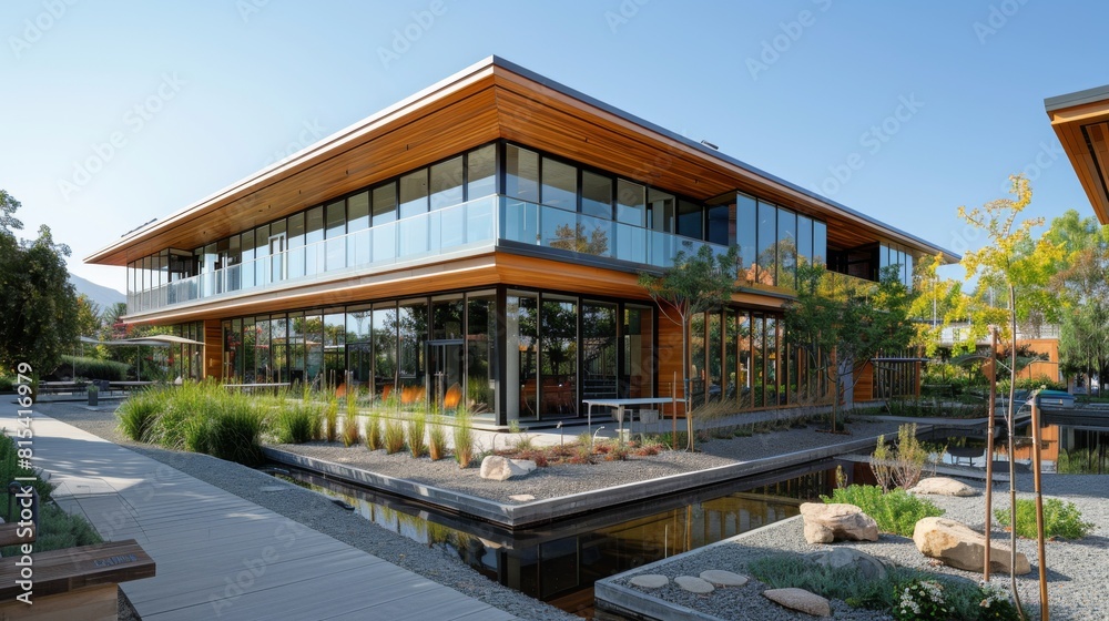 A sustainable office complex with passive heating and cooling design.