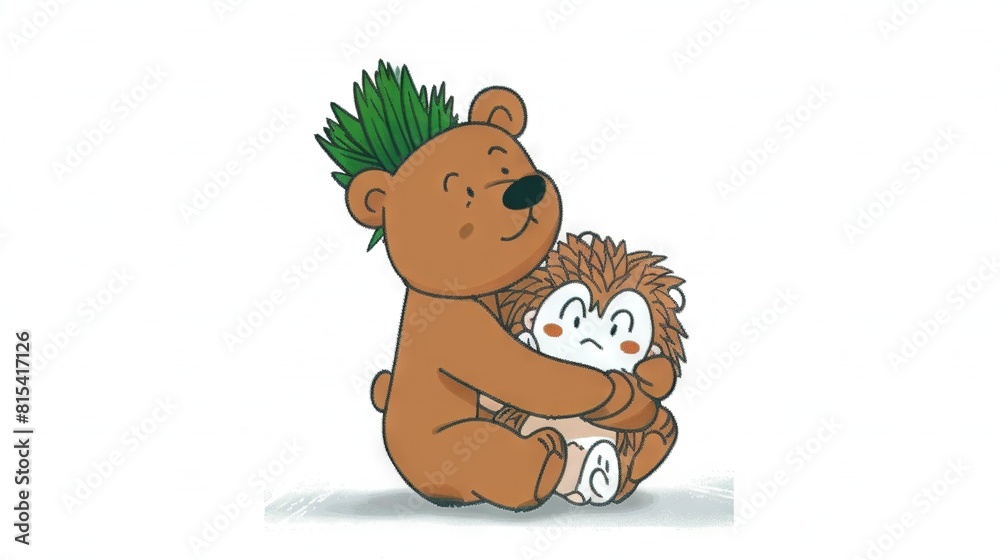 A bear, sitting atop a stuffed animal, wears a green mohawk A bear, sitting atop a stuffed animal, wears a green mohawk