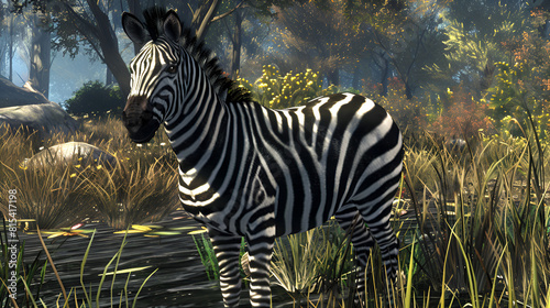 Zebra standing in front of a pond in a forest with trees  Generative AI