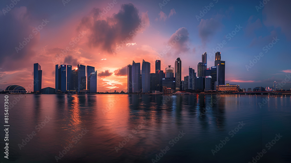  This photo captures a city as seen from a large body of water highlighting the urban landscape against the backdrop of a vast expanse of water Singapore skyline with Marina Bay Sands, Generative AI