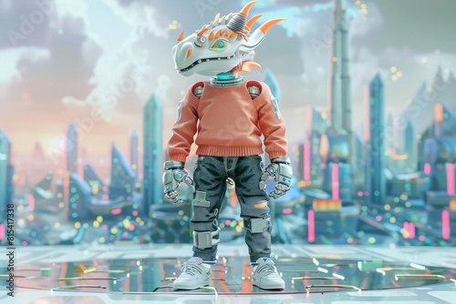 Futuristic robot dragon, coral jumper, charcoal jeans, cityscape background, clay matte, soft light, 3D blender. photo