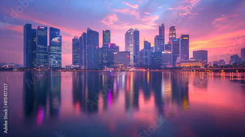  This photo captures a city as seen from a large body of water highlighting the urban landscape against the backdrop of a vast expanse of water Singapore skyline with Marina Bay Sands, Generative AI