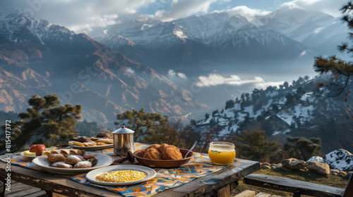 Breakfast on the table with mountain view