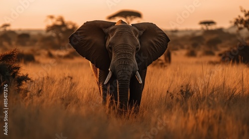 African elephant and the setting sun with the iconic savannas in the background