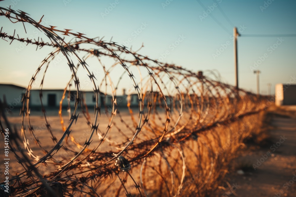 Barbed and razor wire fence. Fencing the state border against immigration Barbed and razor wire fence. Fencing the state border against immigration