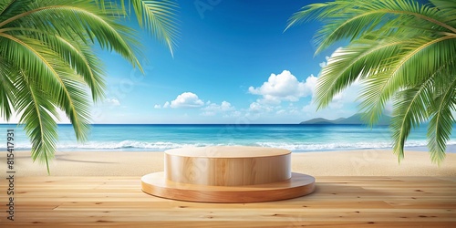 Summer empty wooden podium at sea tropical beach.