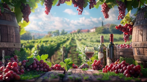 Wine bottles, glasses, grapes, and barrel against a scenic vineyard backdrop. Iconic symbols of winemaking amidst lush vines.