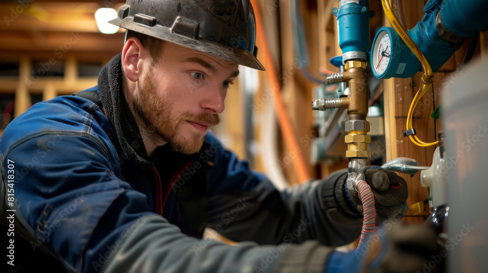 A plumber working on a central air conditioning unit condensation drain. A plumber working on a central air conditioning unit condensation drain.