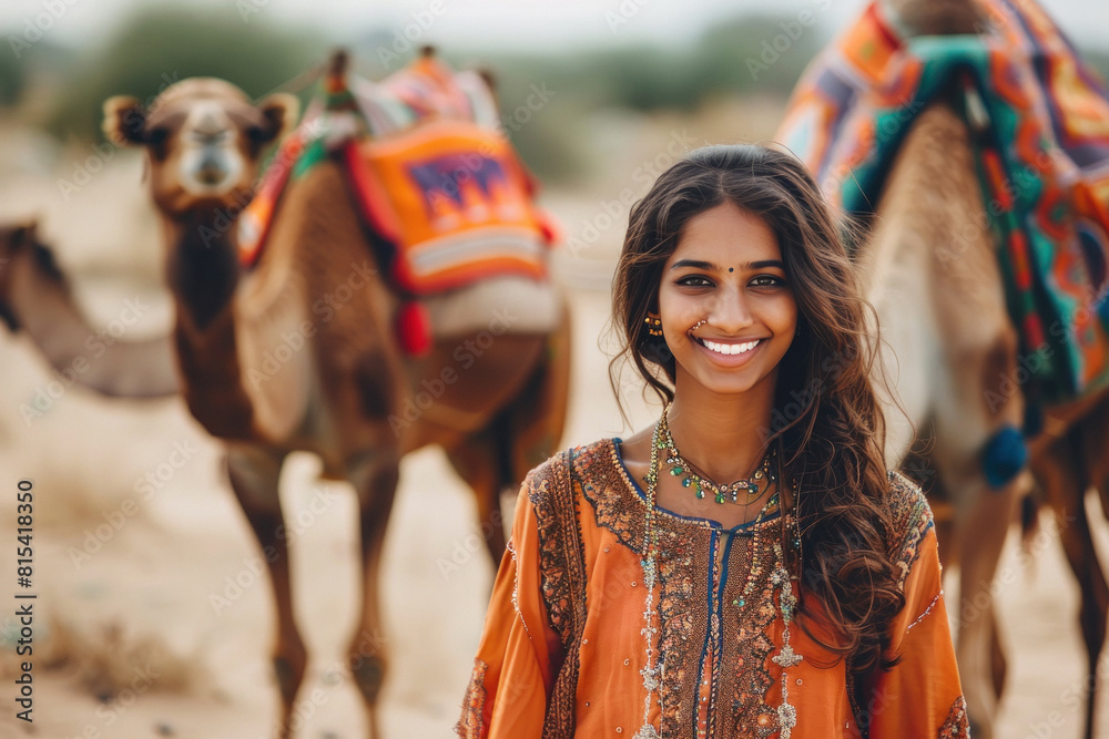 Young woman standing near camel