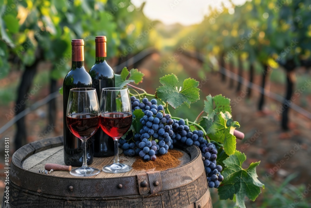 Fototapeta premium Wine bottles, glasses, grapes, and barrel against a scenic vineyard backdrop. Iconic symbols of winemaking amidst lush vines.