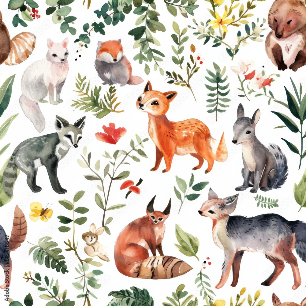 Fototapeta premium Watercolor Forest Animals Pattern