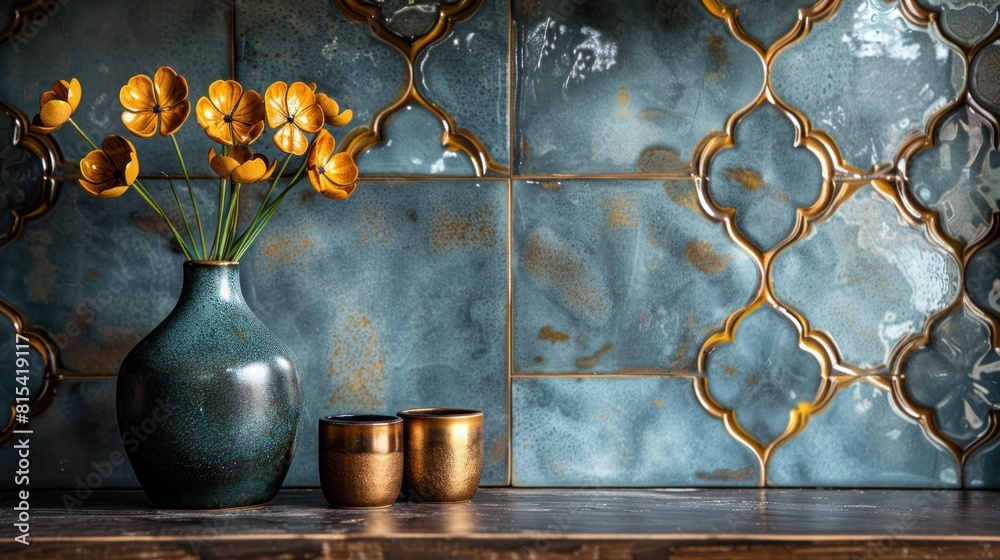 Fototapeta premium Sophisticated ceramic tile with a minimal gold clover leaf pattern