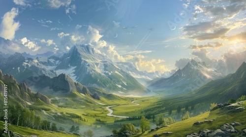 Picture a stunning mountainous terrain with a meandering asphalt road cutting through the valley overlooked by the sun and moon painting the sky This scene embodies the concept of the chang